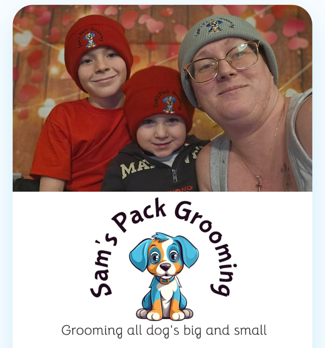 Sam with her two boys wearing Sam's Pack Grooming beanies, alongside the Sam's Pack Grooming logo